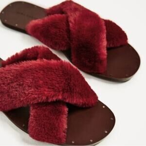 Zara Burgundy Women's Faux Fur Criss-Cross Studded Flat Slide Sandals Size 8